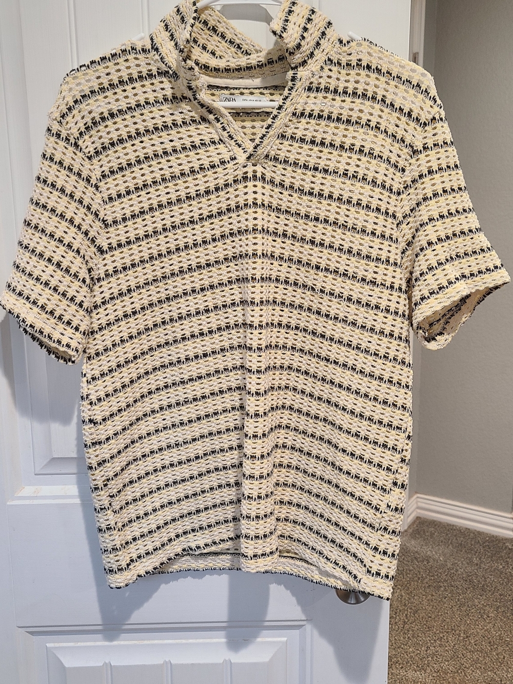 ZARA Yellow & Black Striped Open Knit Polo Shirt